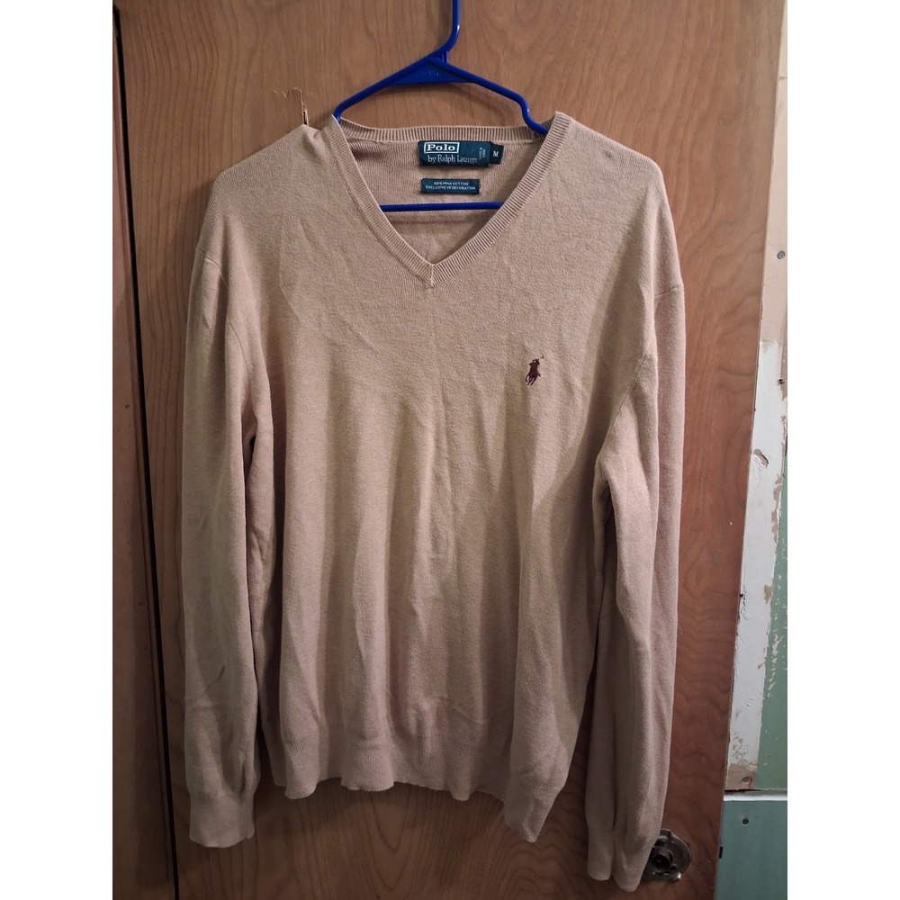 Mens RALPH LAUREN V NECK SWEATER PIMA COTTON TAN/ KHAKI CAMEL SMALL RED PONY...